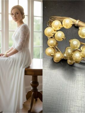 Gold Pearl Cluster Bangle Bracelet - Women Jewelry